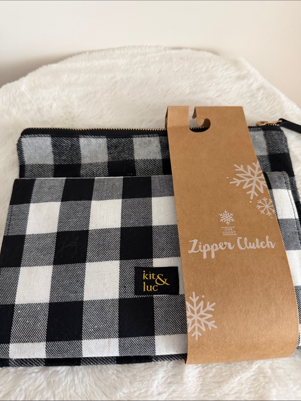 Kits & Luc Black & White Buffalo Check Zipper Clutch